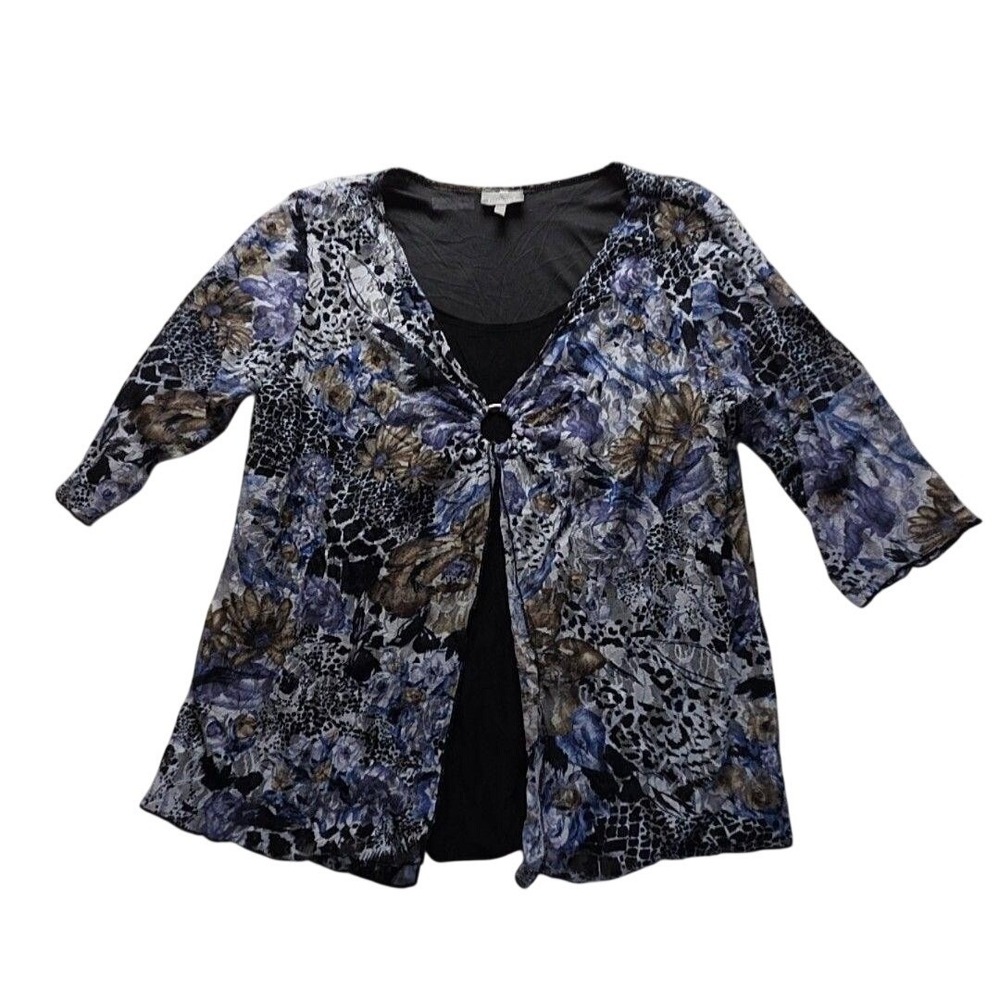 Essentials Layered Top Women 2X Purple Floral Animal Print Excellent V-Neck Ring